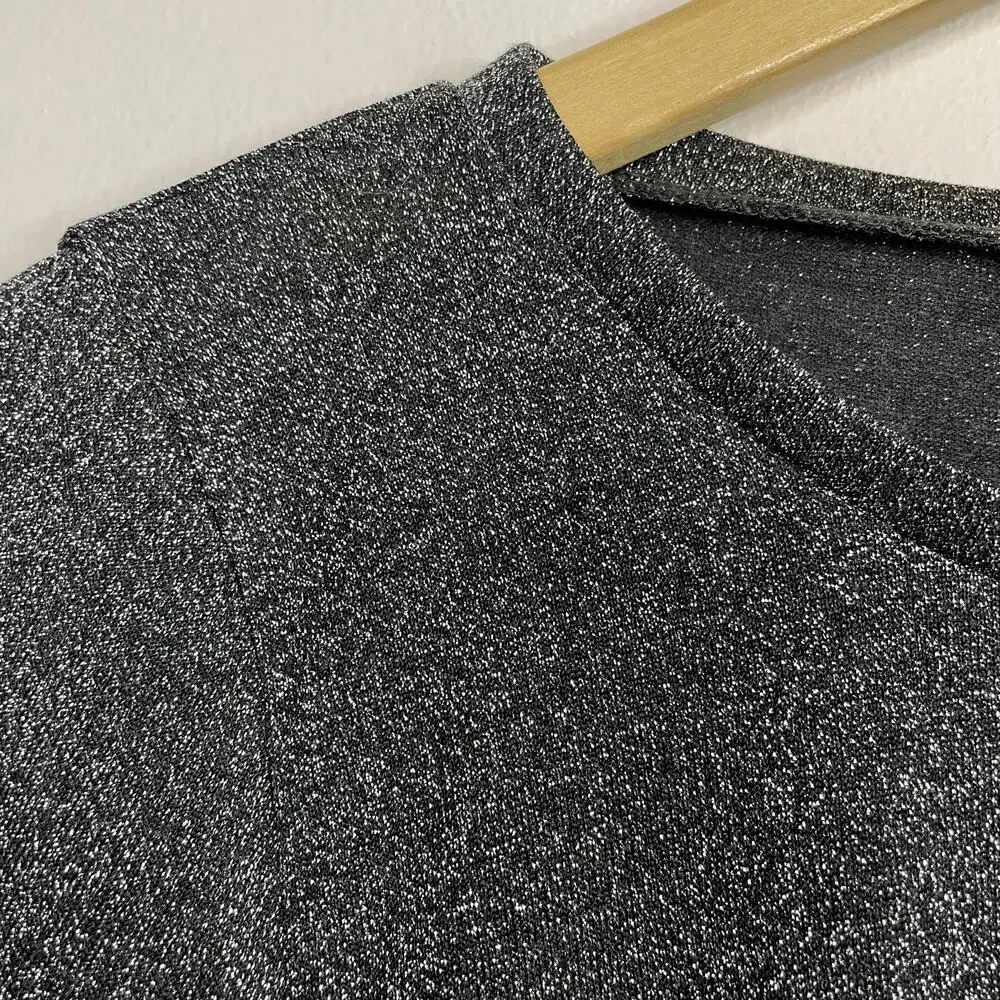 J Crew Metallic Sparkle Knit Bell Ruffle Sleeve Tee Top shirt Charcoal Gray M